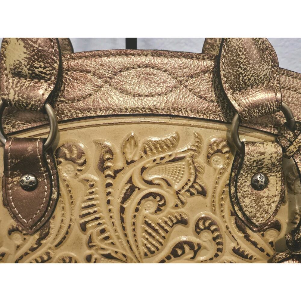 Patricia Nash Burnished Tooled Zorita Satchel Bag Metallic gold finish 14x10x4 - Picture 6 of 15